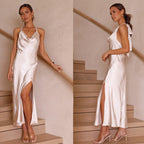 V-Neck Backless Slit Maxi Dress | Wovetsa