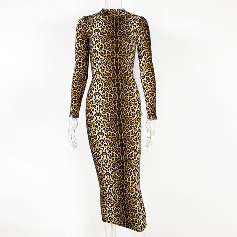 Animal Print Mock Neck Long Sleeve Midi Dress | Wovetsa