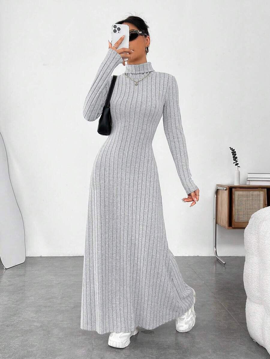 Turtleneck Brushed Knit Long Sleeve Maxi Dress | Wovetsa