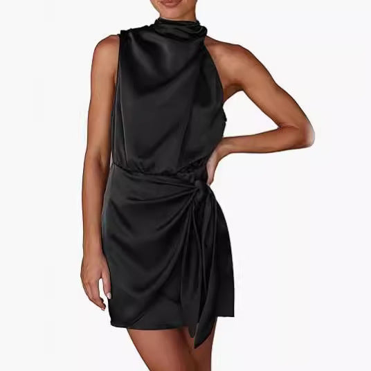 Sleeveless Lace-Up Waist Mock Neck Mini Dress | Wovetsa
