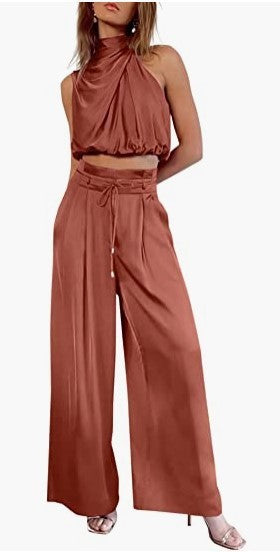 Sleeveless Crop Top & Wide-Leg Pants Two-Piece Set | Wovetsa