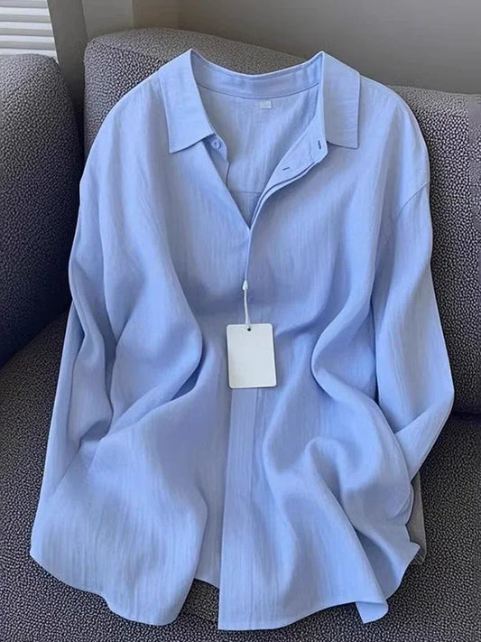 Women's Linen Blend Button-Up Shirt – Casual Loose Long Sleeve Summer Blouse