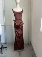 Ruched Waist Satin Fishtail Evening Gown | Wovetsa