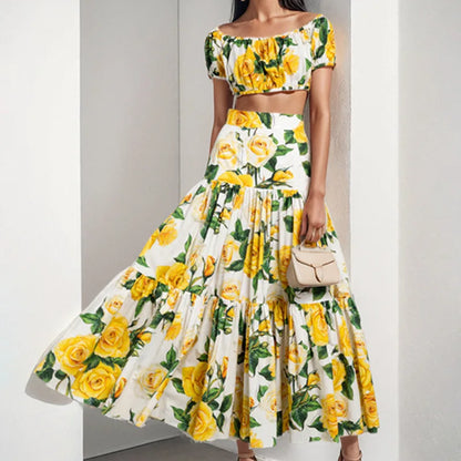Floral Off-Shoulder Crop Top & Maxi Skirt Set | Wovetsa