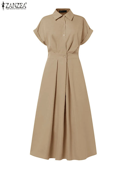 Short Sleeve Button-Down A-Line Midi Dress | Wovetsa