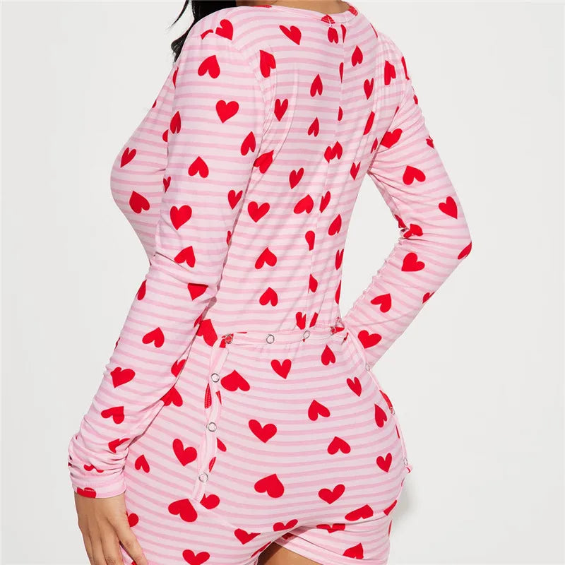 Heart Print Button-Front Short Romper | Wovetsa