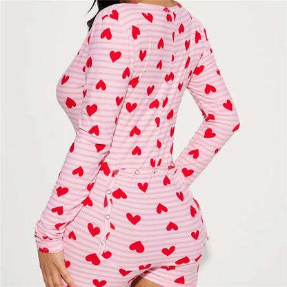 Heart Print Button-Front Short Romper | Wovetsa