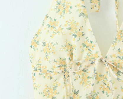 Women's Yellow Floral Halter Mini Dress – Elegant Summer Fit & Flare Style