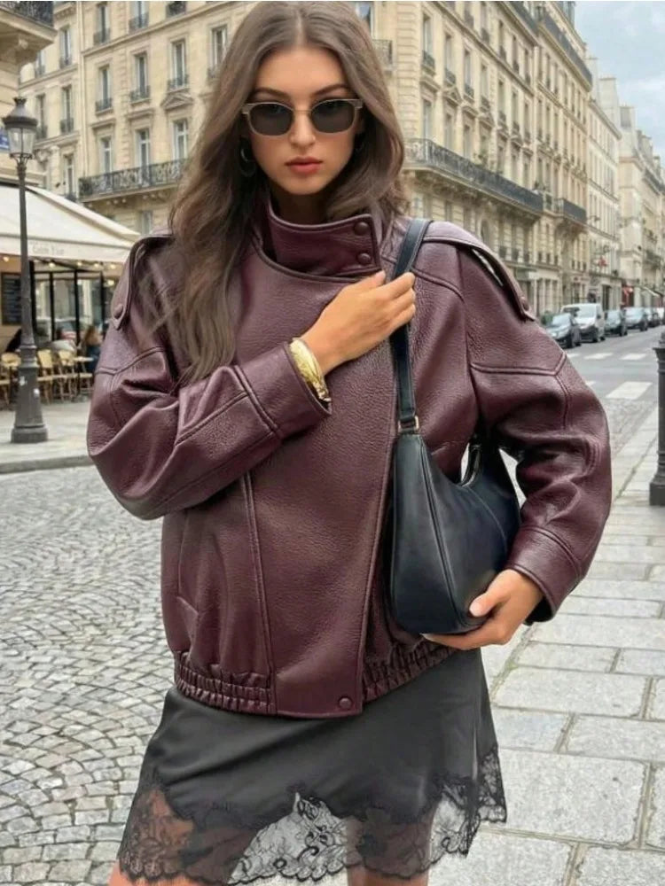 Drop-Shoulder PU Leather Moto Jacket | Wovetsa