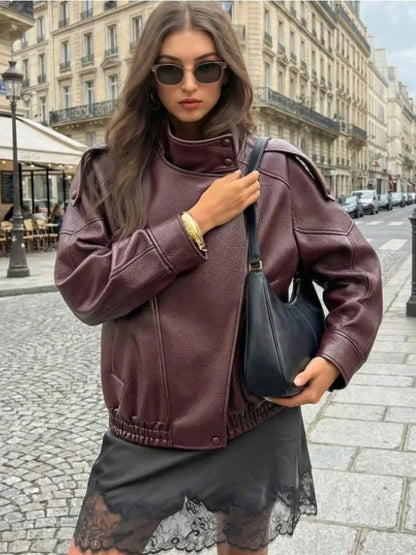 Drop-Shoulder PU Leather Moto Jacket | Wovetsa