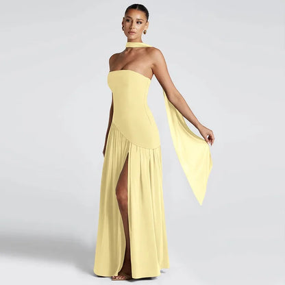 Backless Slit Evening Maxi Dress with Scarf | Wovetsa