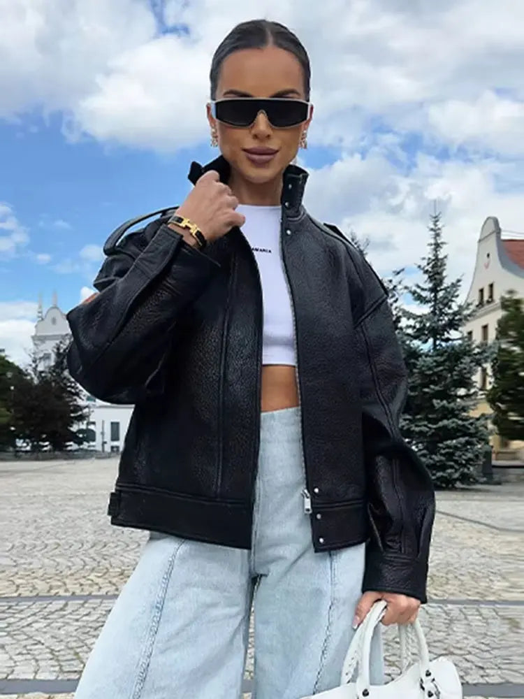 HH Autumn Pu Leather Jacket For Women Fashion High Street Overcoat Jackets Long Sleeve Zipper Coats Winter Casual Lady Outwear