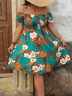 Plus Size Floral Print Off-Shoulder Vacation Dress | Wovetsa
