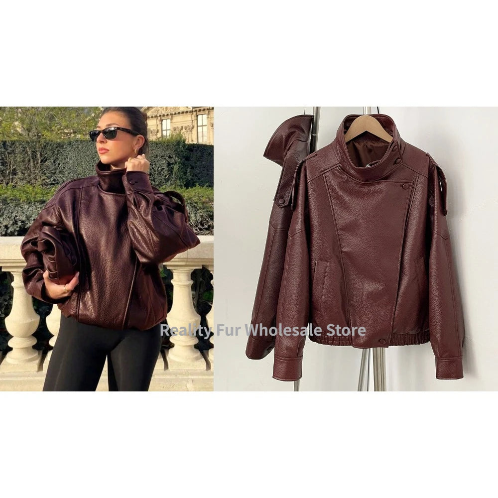 Drop-Shoulder PU Leather Moto Jacket | Wovetsa