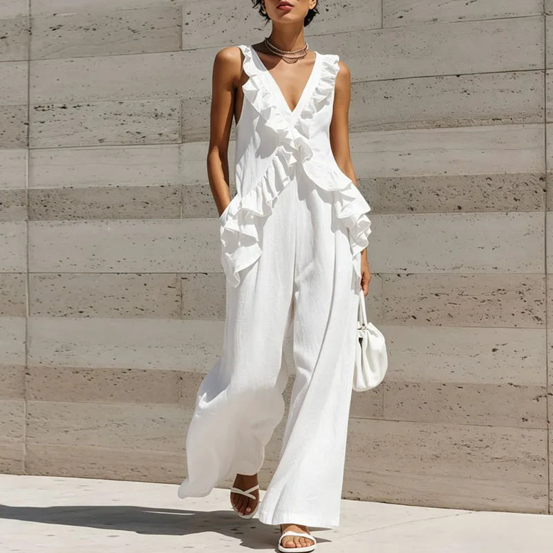 Women's Summer Ruffle Jumpsuit V Neck Wide Leg Vacation Style One Piece Outfit