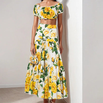 Floral Off-Shoulder Crop Top & Maxi Skirt Set | Wovetsa