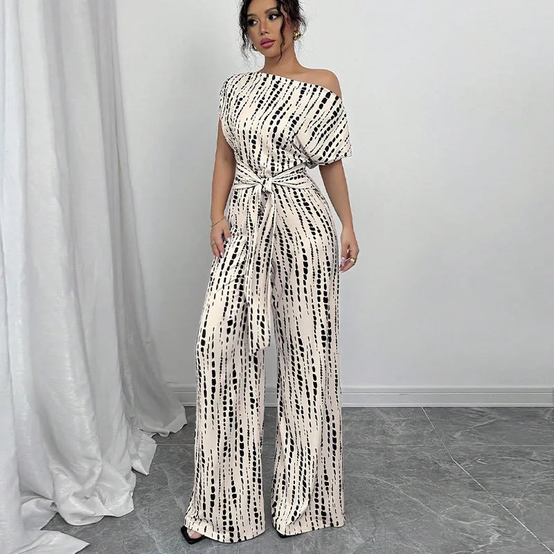 Printed Short-Sleeve Wide-Leg Jumpsuit | Wovetsa