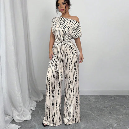Printed Short-Sleeve Wide-Leg Jumpsuit | Wovetsa