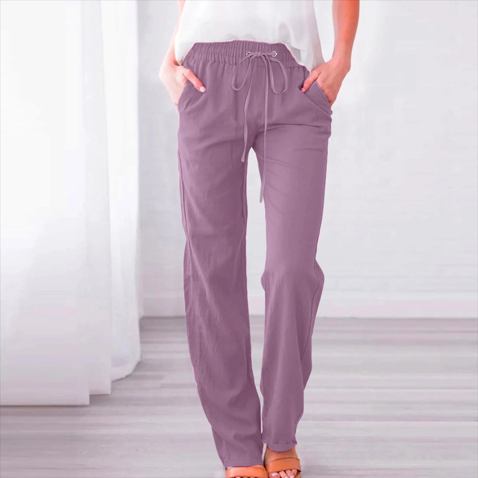 Linen-Blend Drawstring Wide-Leg Pants | Wovetsa