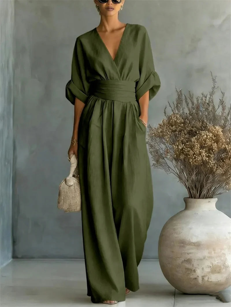 Ruched V-Neck Wide-Leg Jumpsuit | Wovetsa