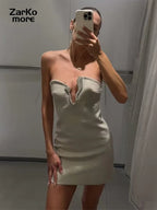 Sexy Rhinestone Short Dress Women Off Shoulder V-neck Sleeveless Backless Hip Package Mini Dresses 2025 Summer Lady Party Gowns