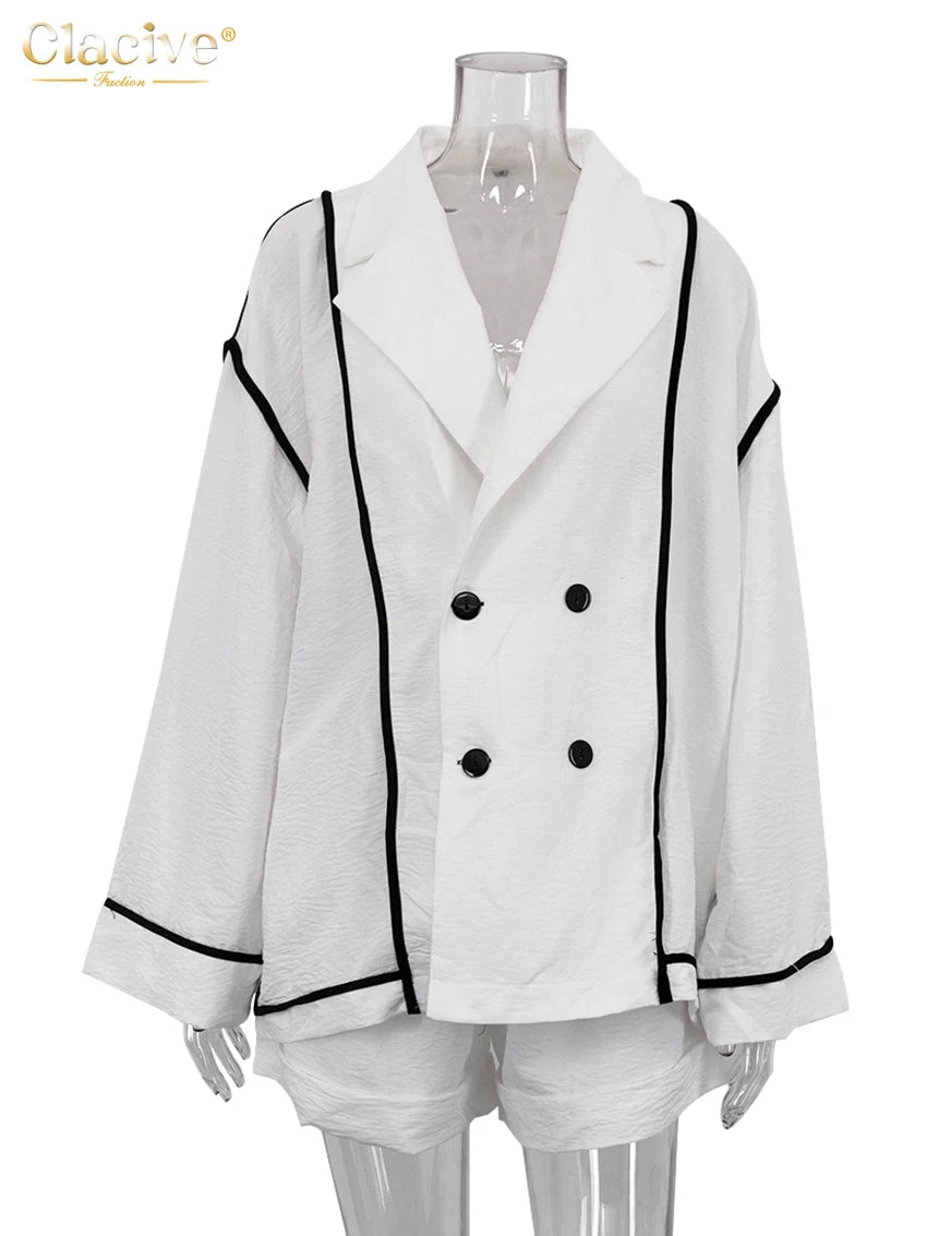 White Long Sleeve Shirt & High Waist Shorts Set | Wovetsa