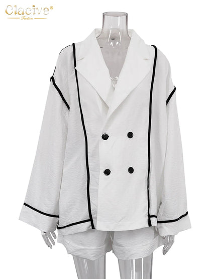 White Long Sleeve Shirt & High Waist Shorts Set | Wovetsa