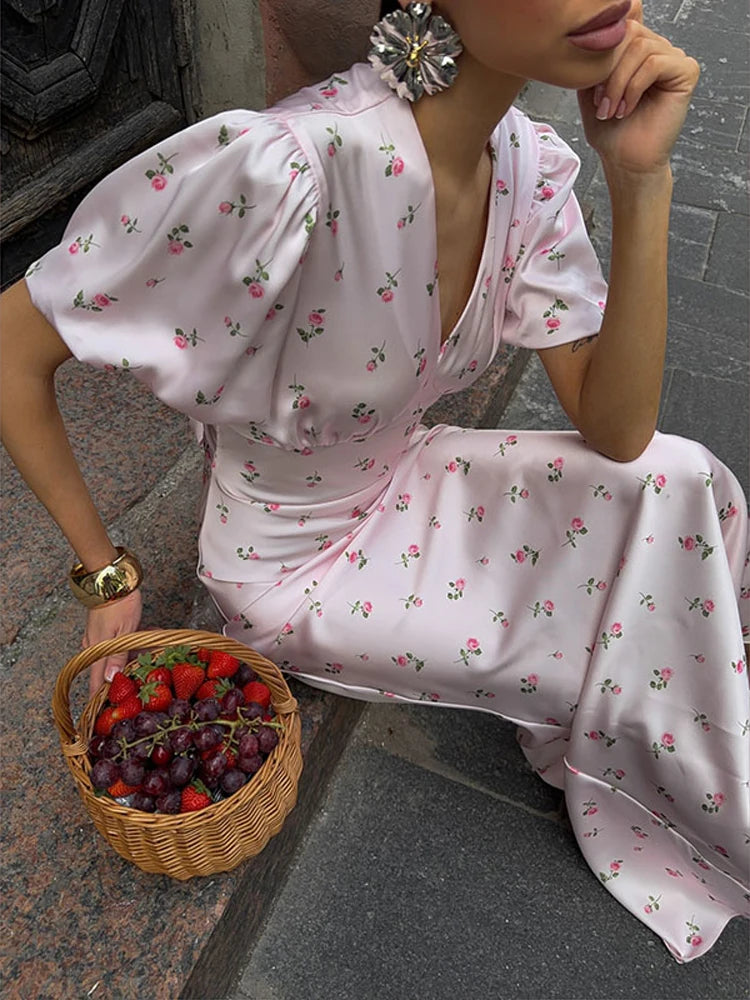 V-Neck Floral Print Flutter Sleeve Maxi Dress | Wovetsa