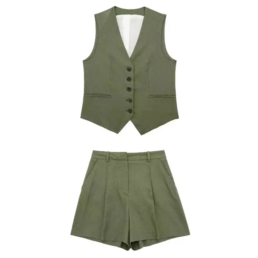 Women's Green Summer Two Piece Set | Relaxed Elegant Vest and Shorts Outfit