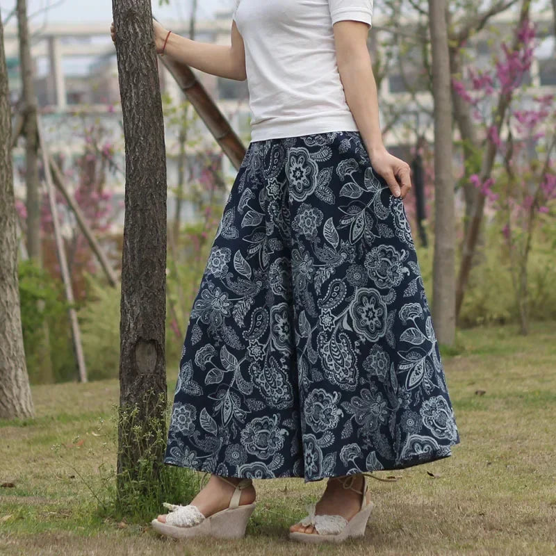 Bohemian Floral Print Cotton Linen Maxi Skirt | Wovetsa