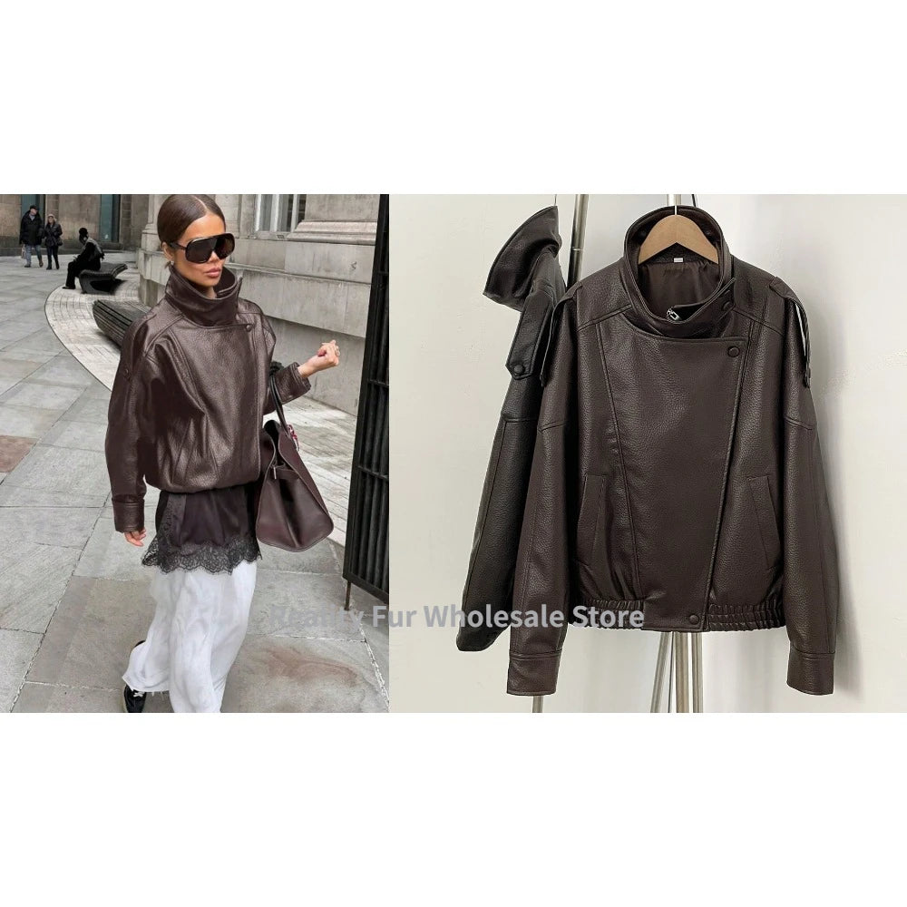 Drop-Shoulder PU Leather Moto Jacket | Wovetsa