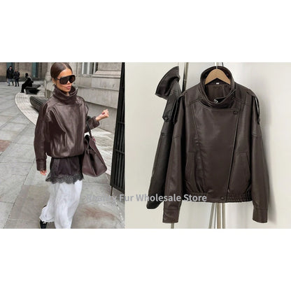 Drop-Shoulder PU Leather Moto Jacket | Wovetsa