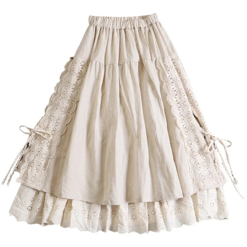 Lace Embroidery Cotton Linen Pleated Skirt | Wovetsa