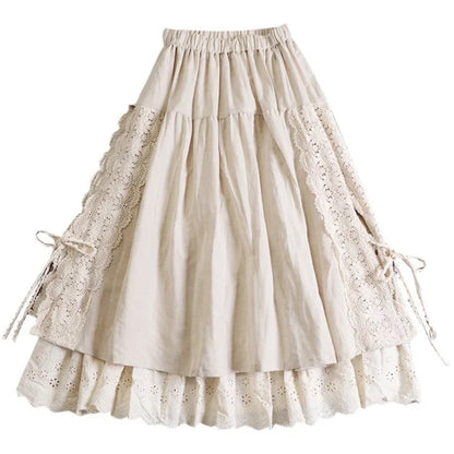 Lace Embroidery Cotton Linen Pleated Skirt | Wovetsa