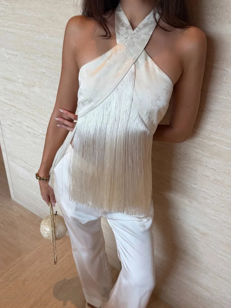 Satin Fringe Halter Crop Top | Wovetsa