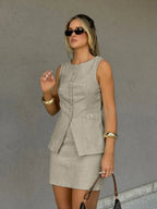 Linen Buttoned Sleeveless Vest & Mini Skirt Two Piece Set | Wovetsa