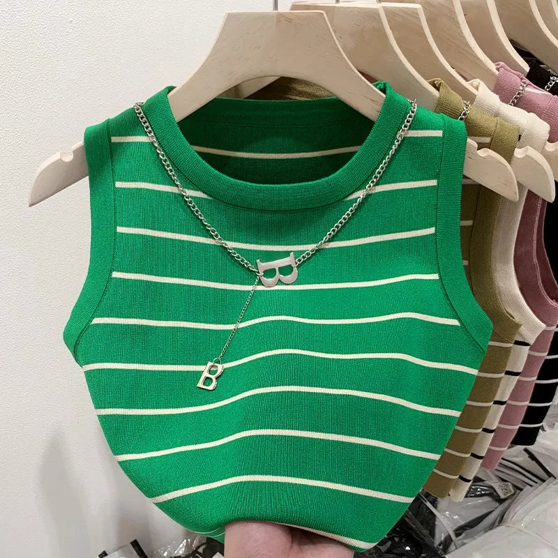 Striped Knit Sleeveless Top | Wovetsa