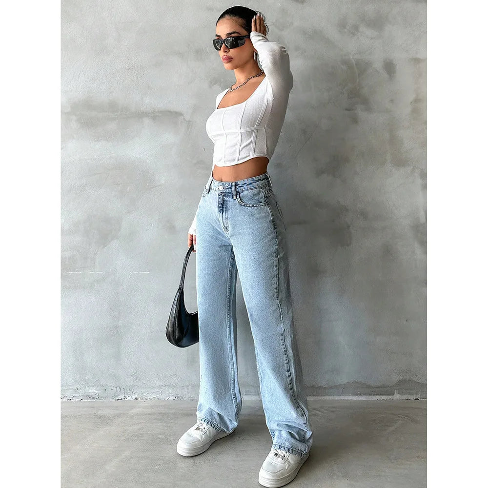 Women's High Waist Wide Leg Jeans – Vintage Wash Full Length Denim Pants