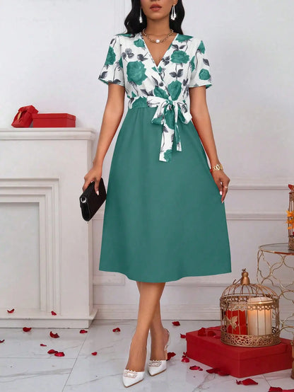 Women's Floral Print V-Neck Tie Waist Midi Dress | Wovetsa
