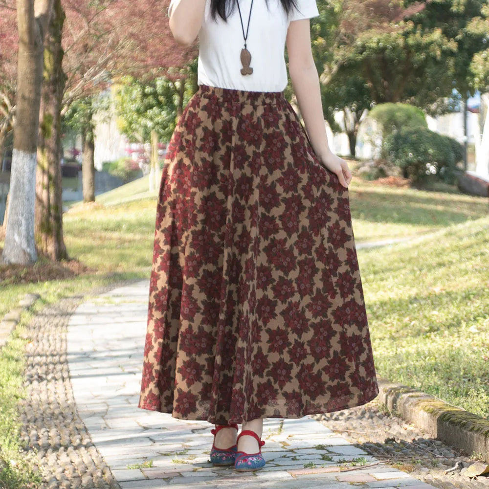 Bohemian Floral Print Cotton Linen Maxi Skirt | Wovetsa