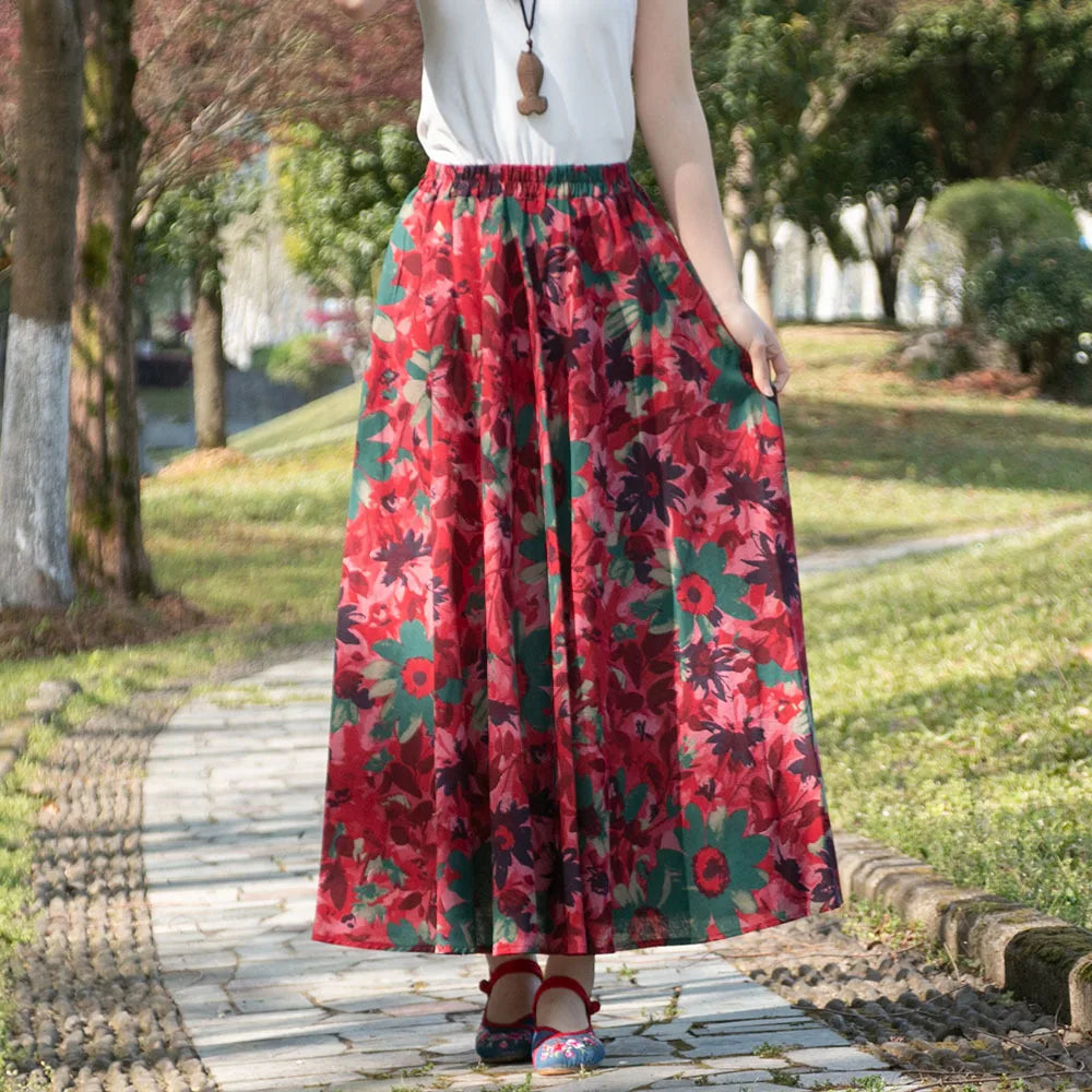 Bohemian Floral Print Cotton Linen Maxi Skirt | Wovetsa