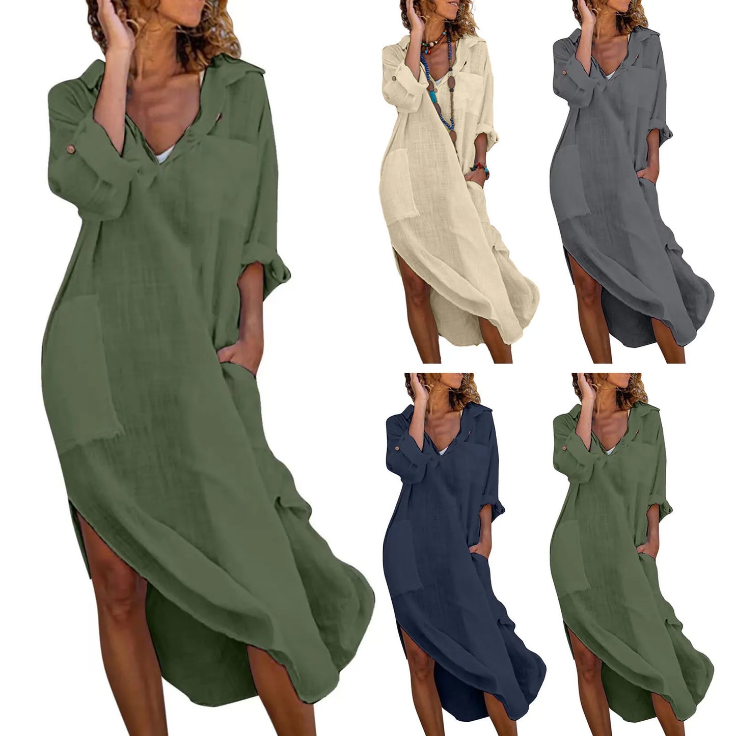 Women's Cotton Linen Shirt Dress – Oversized Casual Midi Dress with V-Neck