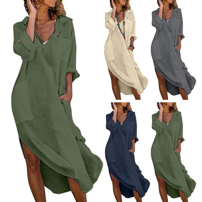 Women's Cotton Linen Shirt Dress – Oversized Casual Midi Dress with V-Neck
