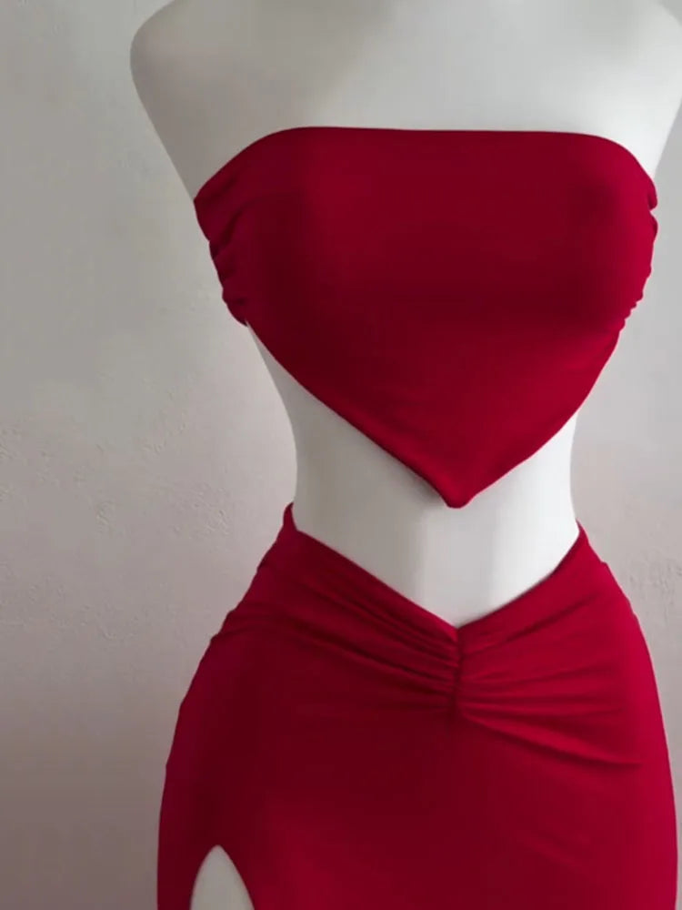 Strapless Crop Top & Split Midi Skirt Set | Wovetsa
