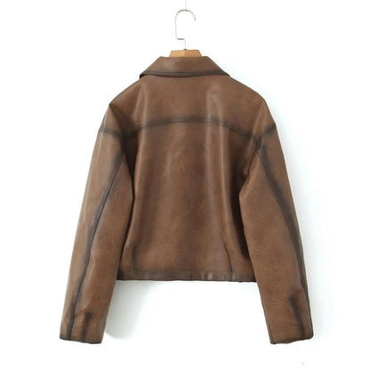 American Retro Women Vintage Gradient Brown PU Leather Jacket Full Sleeve Single-breasted Button Coat Loose Short Outerwear