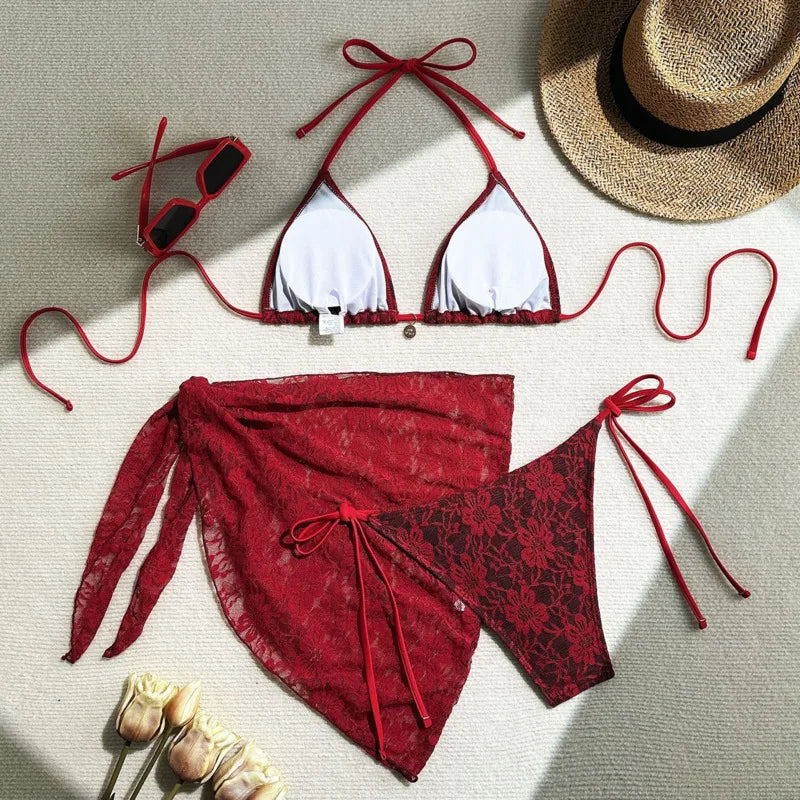 Lace Contrast 3-Piece Bikini Set | Wovetsa