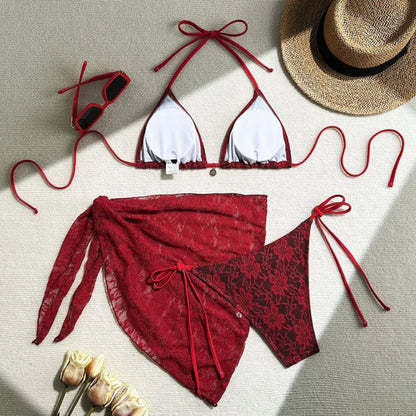 Lace Contrast 3-Piece Bikini Set | Wovetsa
