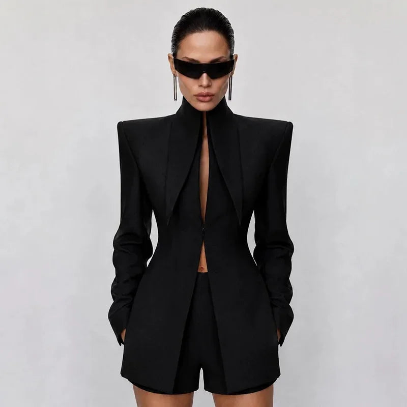 Long Sleeve Stand Collar Blazer & Shorts Two Piece Set | Wovetsa