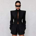 Long Sleeve Stand Collar Blazer & Shorts Two Piece Set | Wovetsa