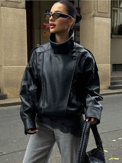 Drop-Shoulder PU Leather Moto Jacket | Wovetsa